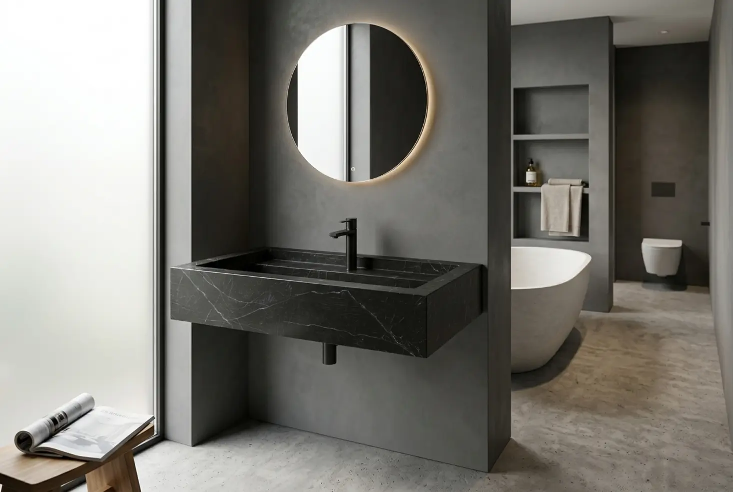 Lavabo de solid surface negro suspendido en un baño de estilo moderno con paredes de hormigón