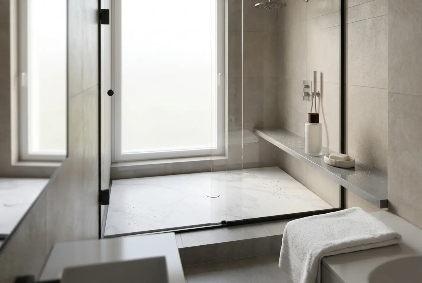 Mamparas de ducha Leroy Merlin instaladas en un baño moderno con plato de ducha de mármol