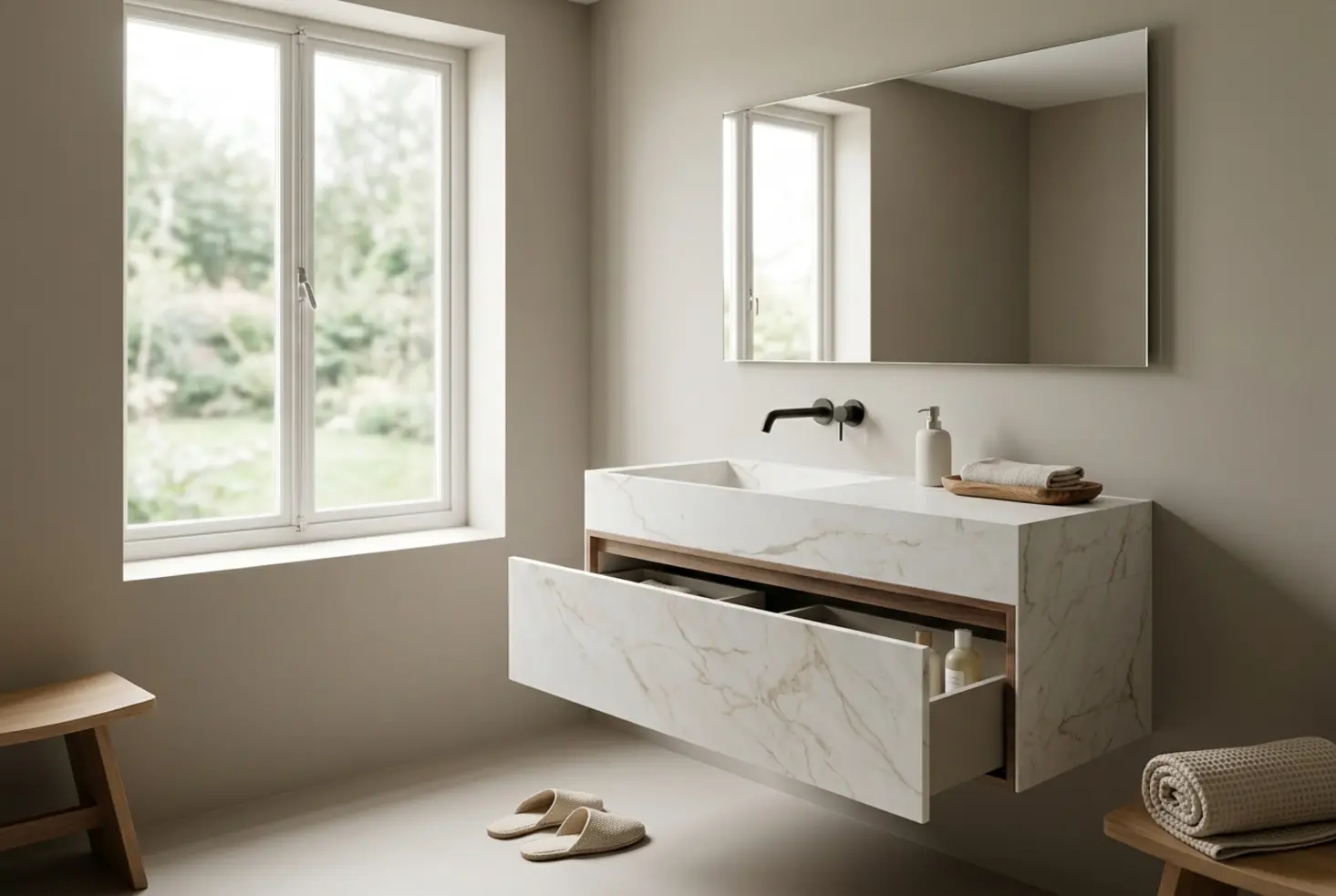 Mueble auxiliar baño suspendido de diseño con encimera de mármol y cajón abierto