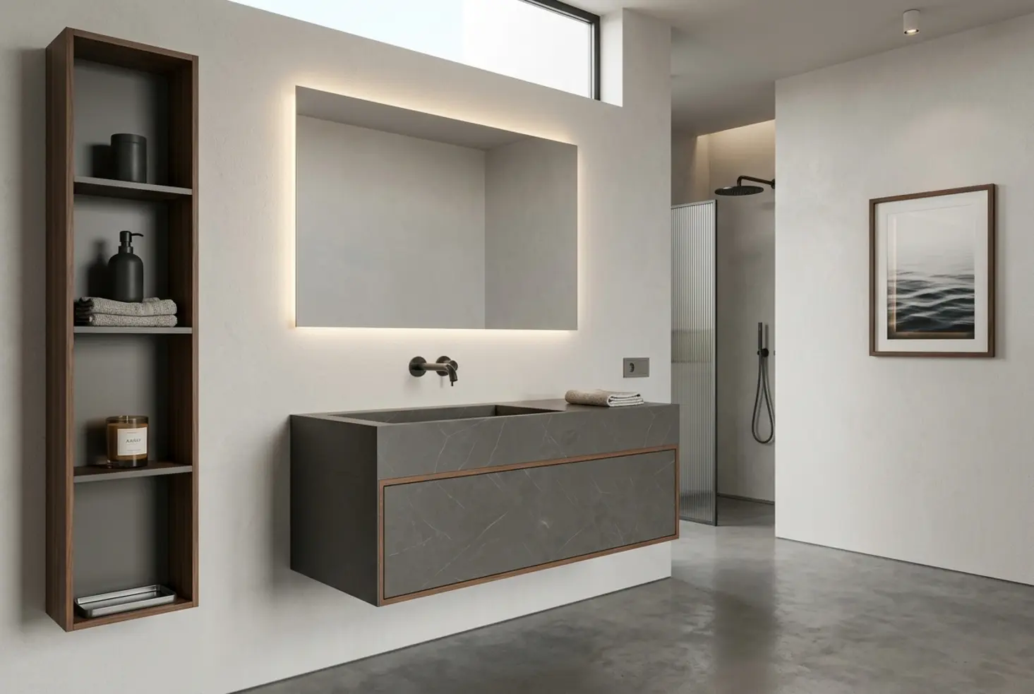 Baño elegante con una solución de almacenaje coherente y bien integrada