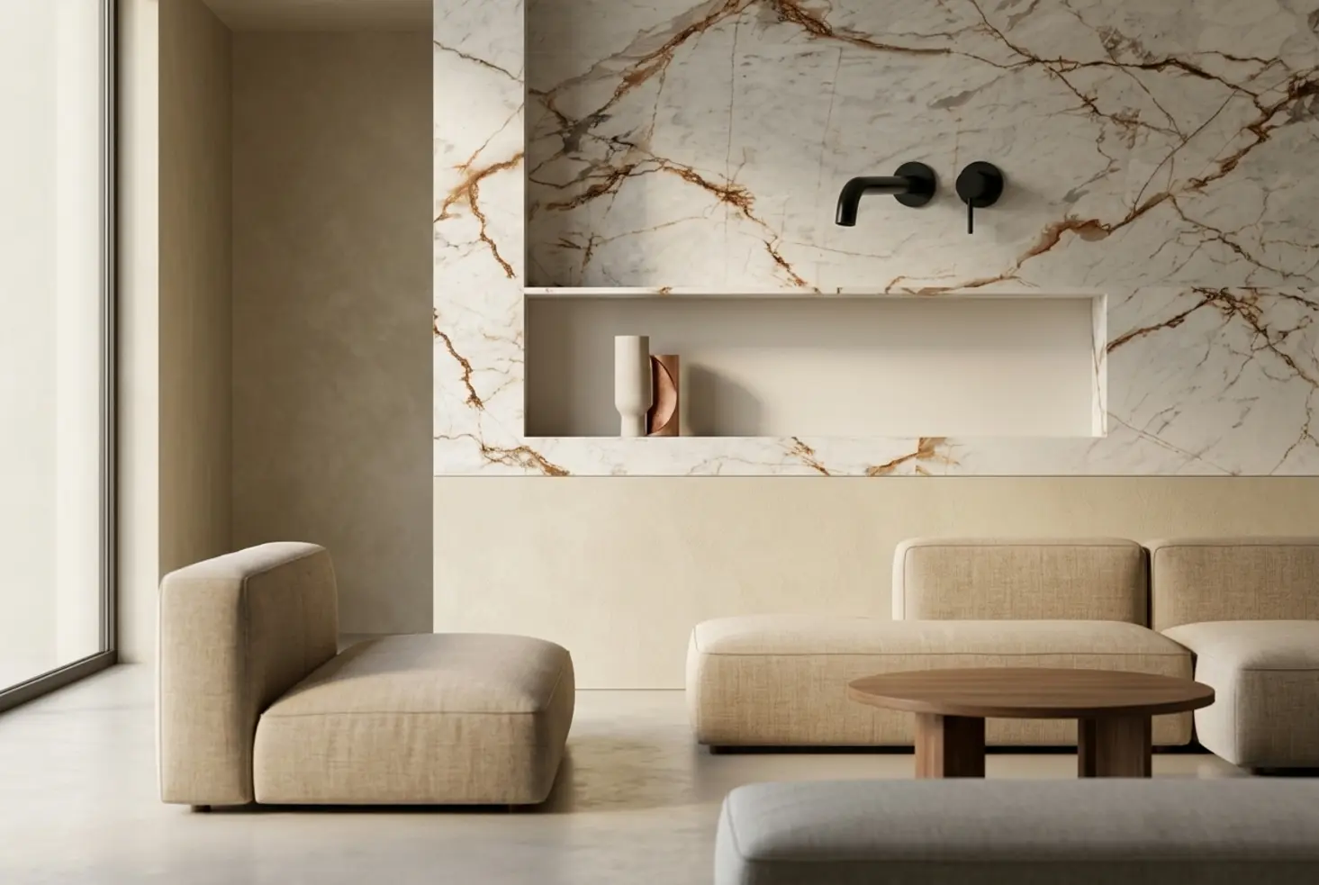 Paneles decorativos pared de mármol con nicho empotrado y mobiliario minimalista en tonos beige