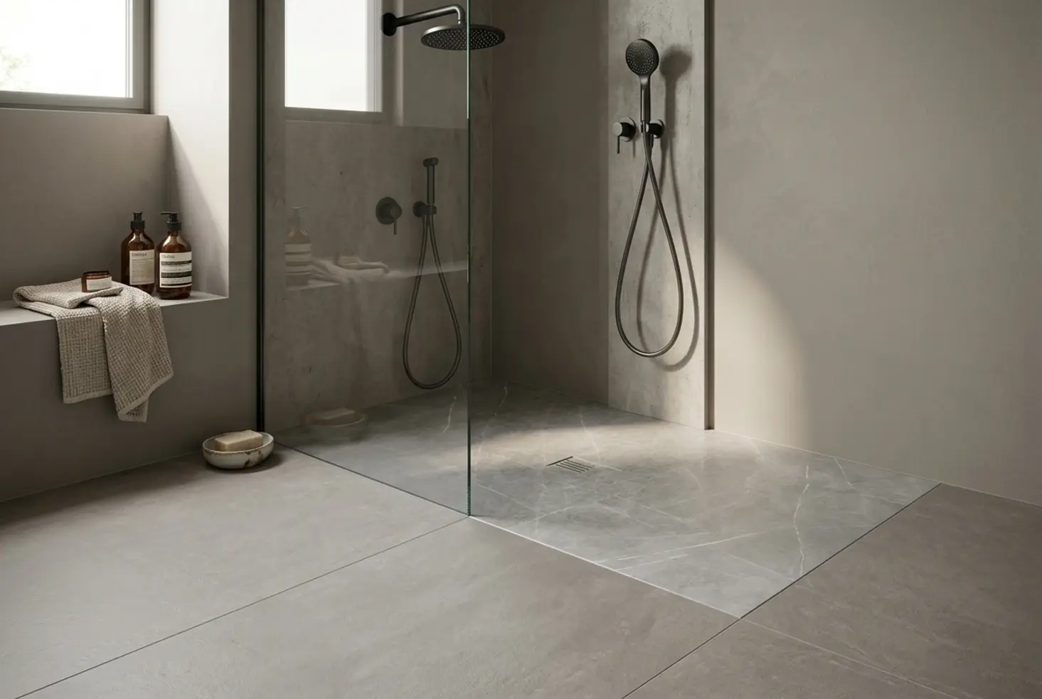 Zona de ducha integrada en un baño sofisticado de aspecto premium