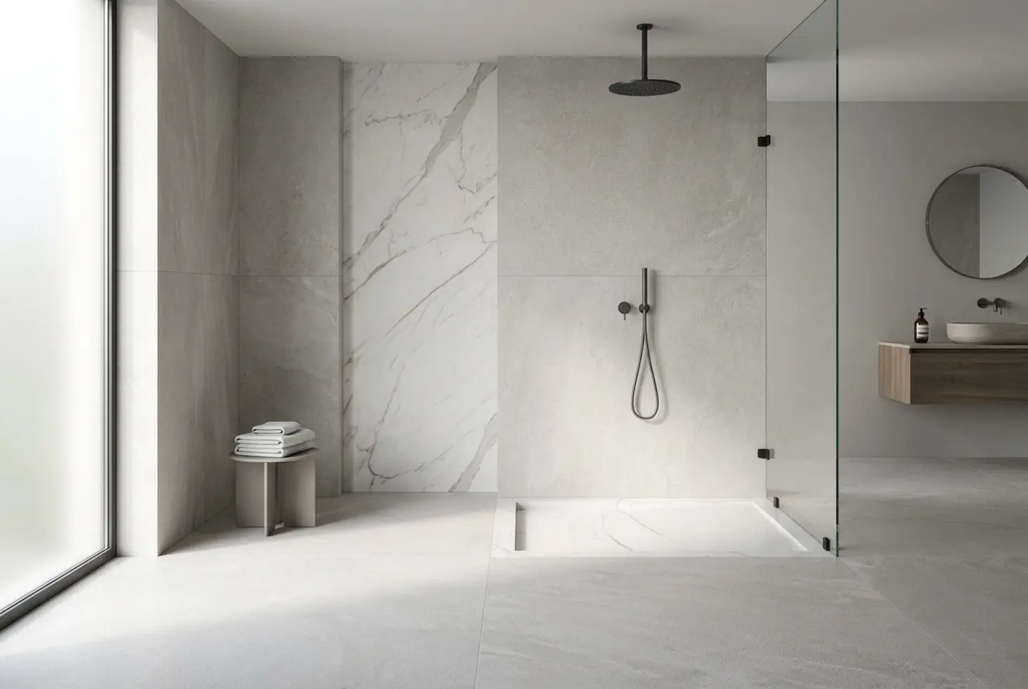 Plato de ducha a medida integrado en un baño moderno con revestimientos de mármol y piedra