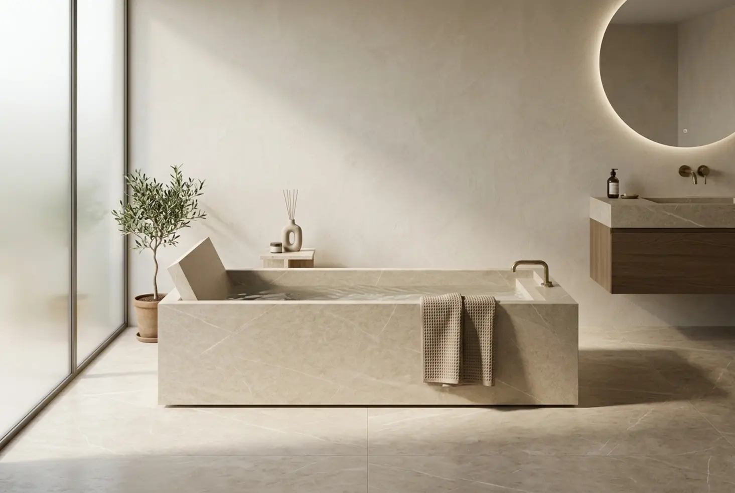 Baño sofisticado, cálido y atemporal con diseño de alto nivel