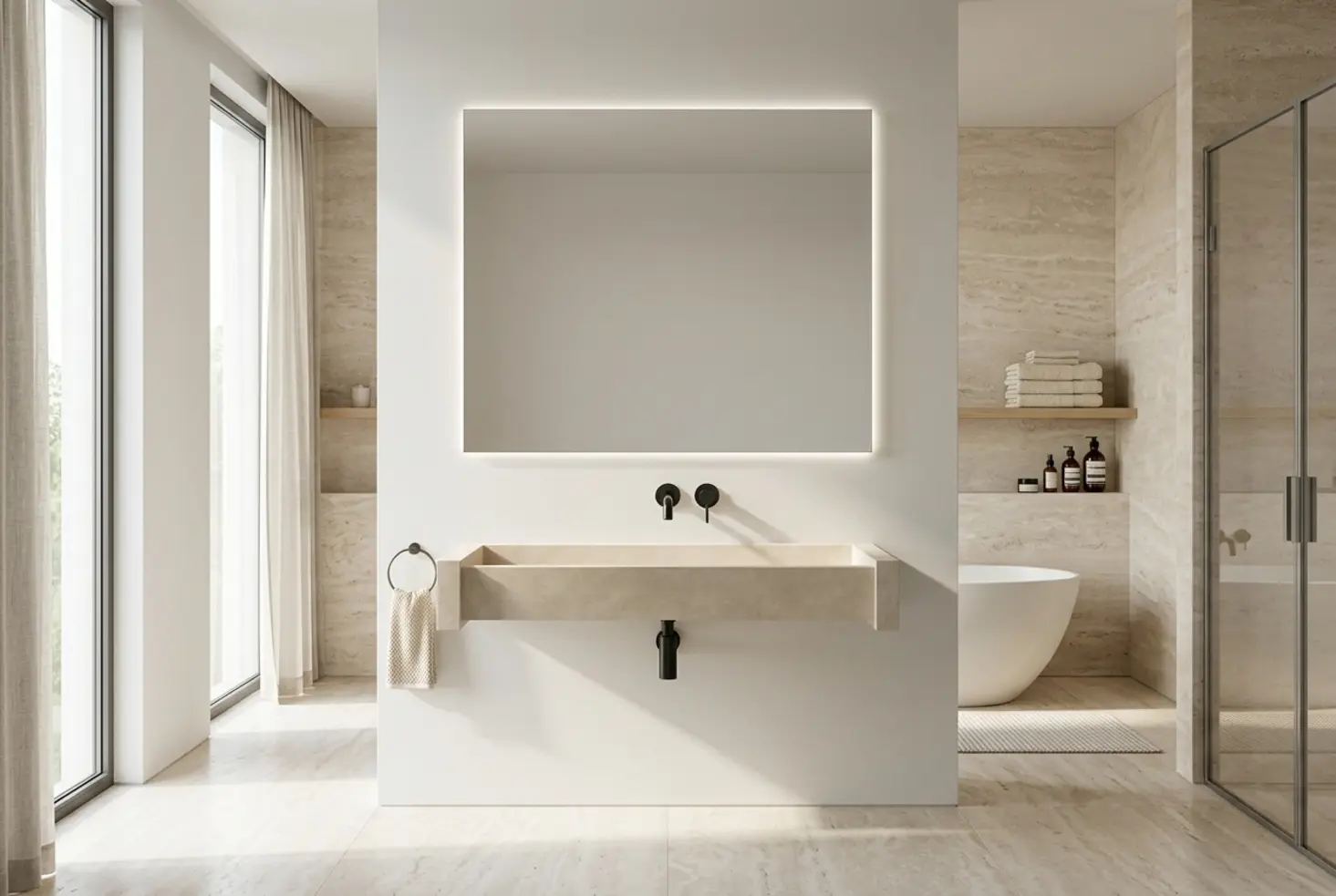 Cuarto de baño minimalista con lavabo de piedra y luz led para inspirarte a cómo decora tu casa con estilo elegante