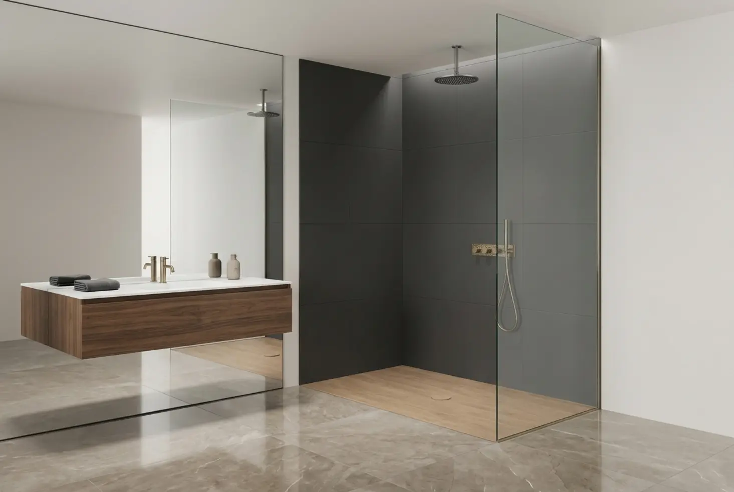 Baño amplio y elegante con una solución de ducha de diseño