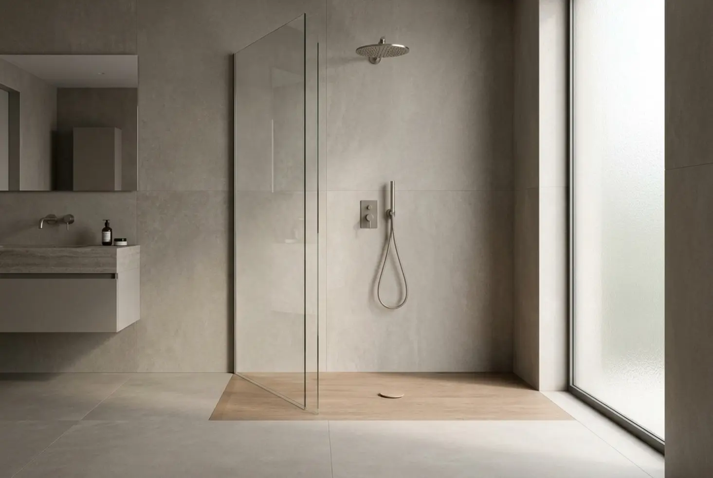 Mamparas Leroy Merlin de diseño minimalista con cristal transparente y plato de ducha integrado