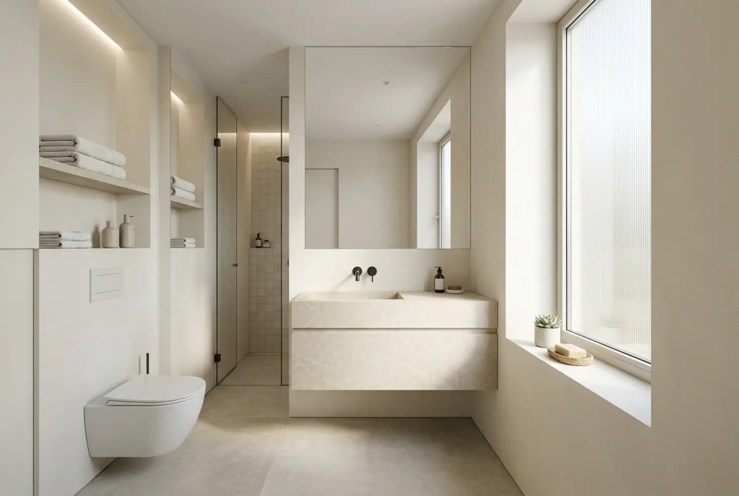 Cuarto de baño moderno con mueble con lavabo tipo Leroy Merlin en acabado piedra beige y grifería negra
