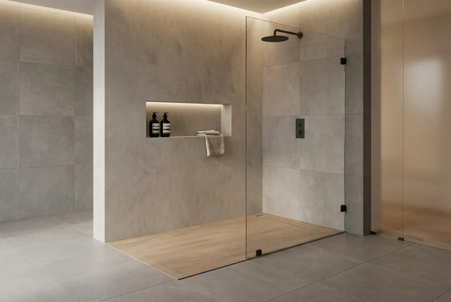 Baño moderno con zona de ducha reformada y acabado limpio