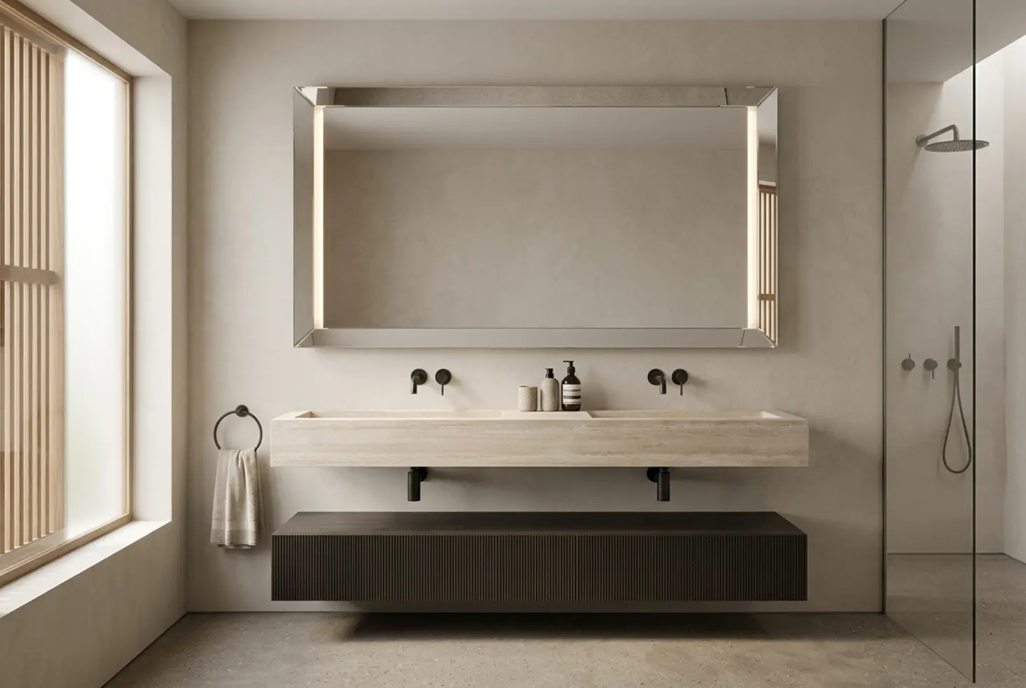 Cuarto de baño de lujo tras una reforma, con lavabo doble de piedra, mueble suspendido y estética minimalista