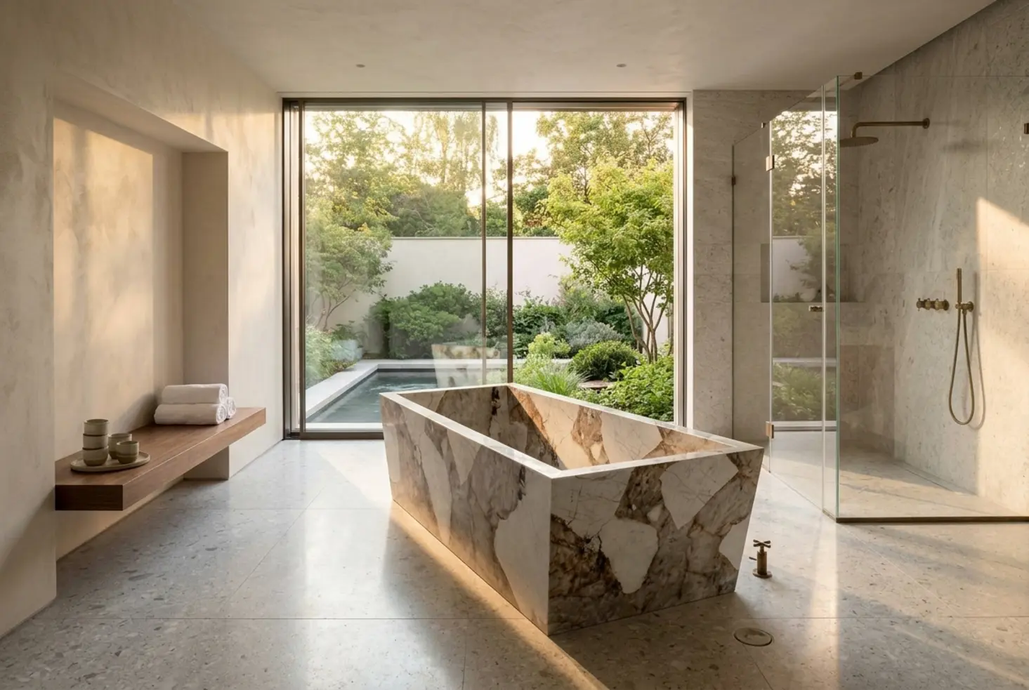 Baño de estilo spa con zona de descanso protagonista